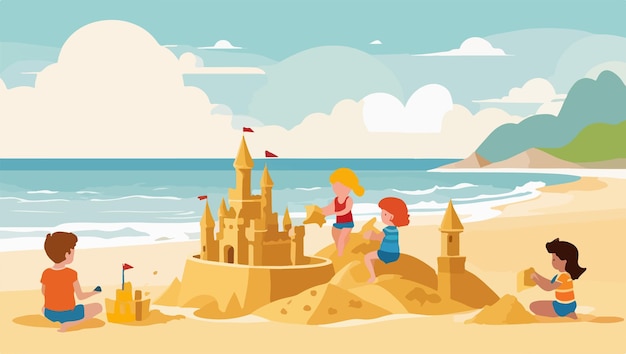 Vector shoreline shapers children crafting sandcastles