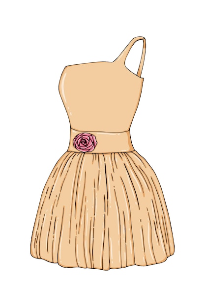 Short dress with a flower on the belt and with one shoulder strap clothes doodle linear cartoon coloring