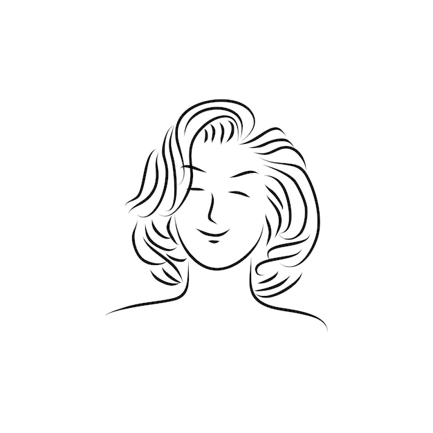 short hair wavy young girl happy smiling line art logo design for salon fashion spa massage