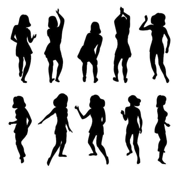 Short skirt women dancing black silhouettes Set of moving disco girl shapes Party abstract poses