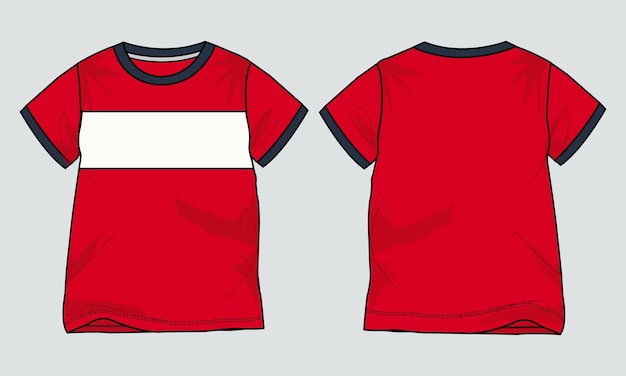 Short sleeve t shirt with chest cut and sew technical flat sketch Red color template for baby boys