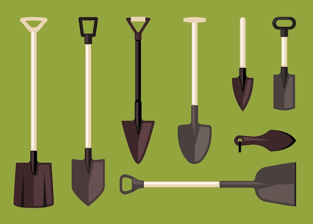 Shovel gardening tools for outdoor grass care professional farm equipment Vector cartoon illustrations