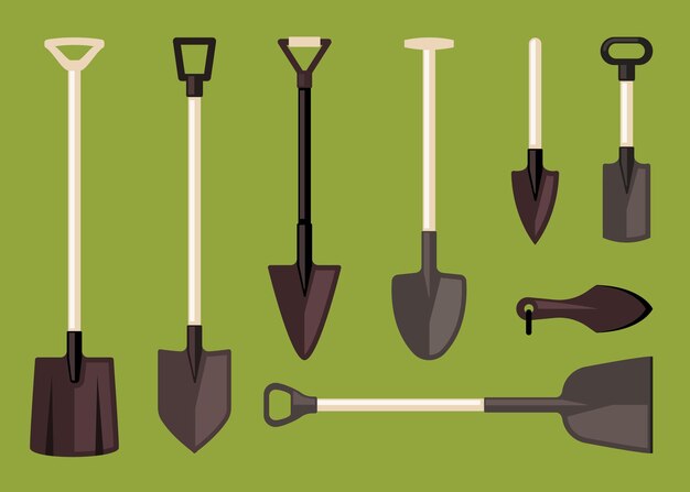 Vector shovel gardening tools for outdoor grass care professional farm equipment vector cartoon illustrations