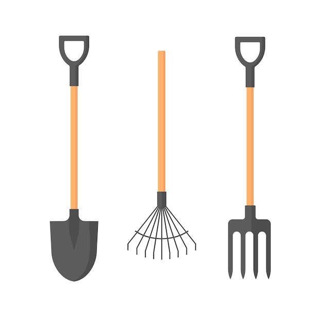 Shovel and rake and pitchfork icon or sign isolated on white background gardening tools design vector illustration