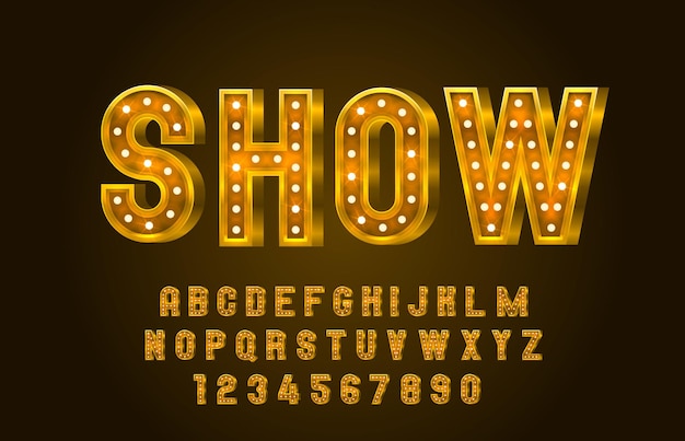 Show font lamp symbol gold letter and numbers set Vector illustration