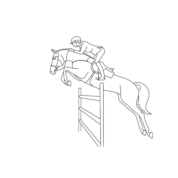 Show jumping competition on horseback line drawing for coloring book