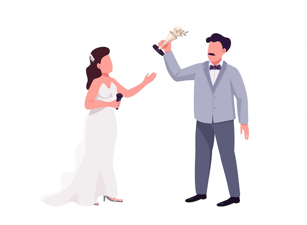 Show presenter and prize winner flat color vector faceless characters. Award ceremony isolated cartoon illustration for web graphic design and animation. Woman with microphone and man holding trophy