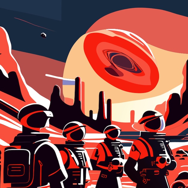 Vector show a visually stunning depiction of a team of explorers from different eras working together on a