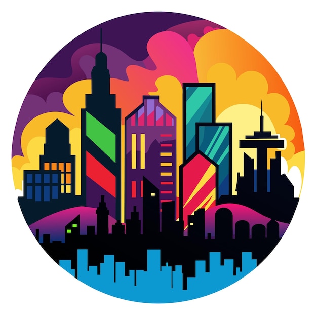 Vector showcasing a city skyline at dusk infused with colorful graffiti murals and silhouettes of fashiona