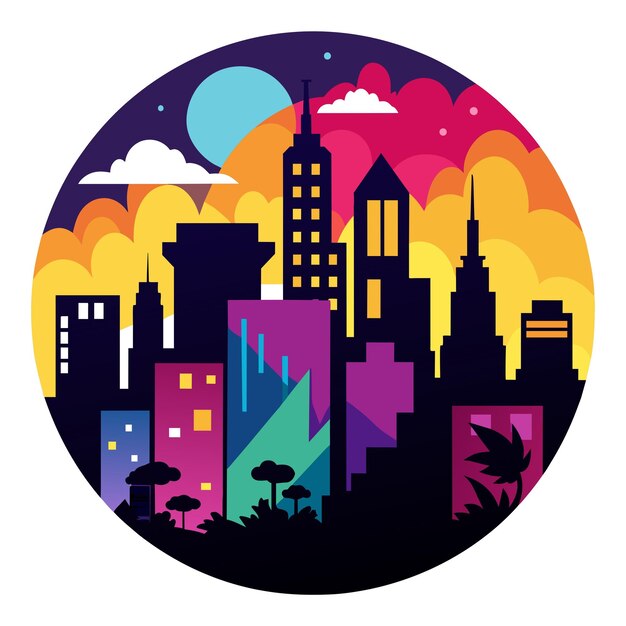 Vector showcasing a city skyline at dusk infused with colorful graffiti murals and silhouettes of fashiona