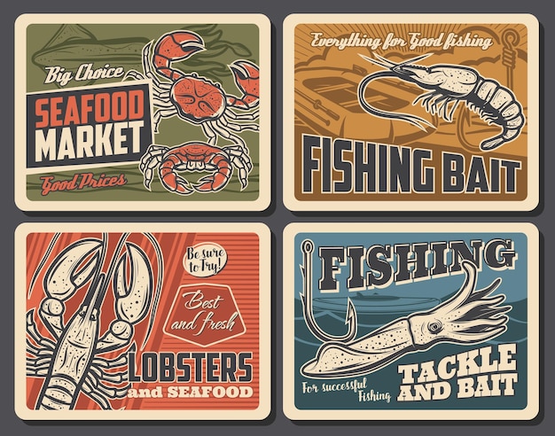 Shrimp lobster and cuttlefish seafood posters