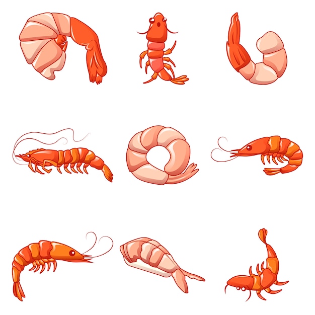 Shrimp prawn cooked icons set