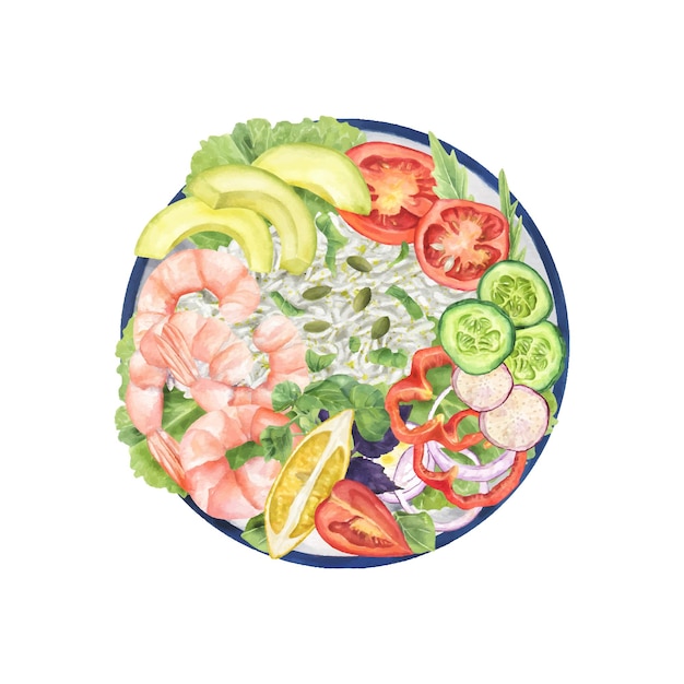 Vector shrimps rice lemon and fresh vegetables on round plate watercolor illustration slices of tomato onion cucumber red pepper radish avocado surrounded salad greens pumpkin seeds care food