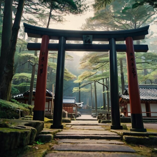 Vector a shrine with a red torii gate in the middle of it