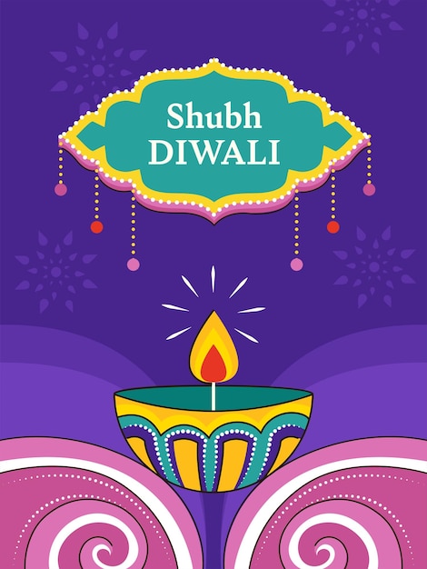 Shubh Happy Diwali Greeting Card With Lit Oil Lamp Diya On Pink And Purple Background