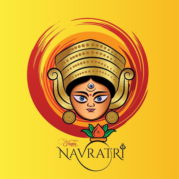 Shubh Navratri Greeting with Hindi calligraphy and goddess durga face colorful illustration