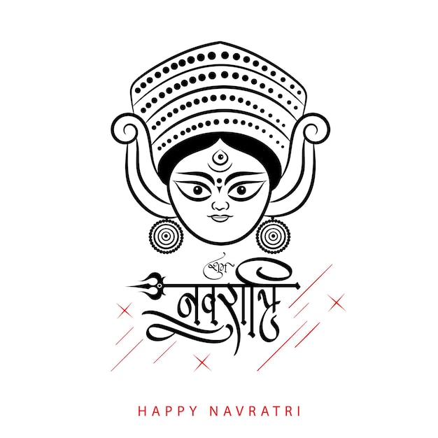 Shubh Navratri Greeting with Hindi calligraphy and goddess durga face outline illustration