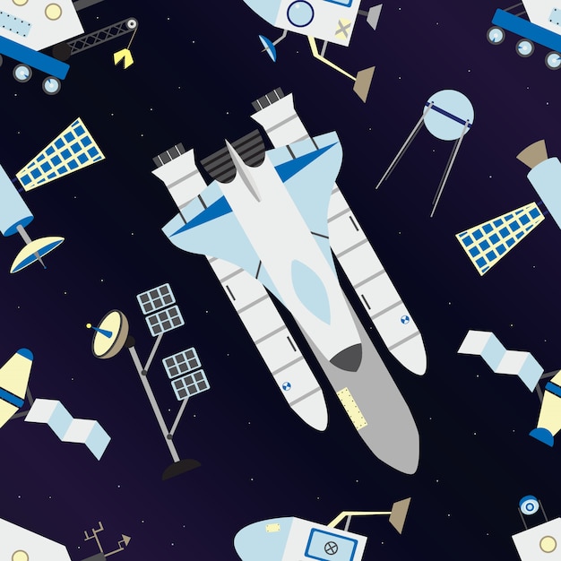 Shuttle, satellites, moon rover in seamless pattern