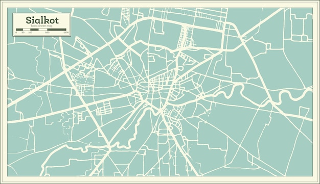 Sialkot Pakistan City Map in Retro Style. Outline Map. Vector Illustration.