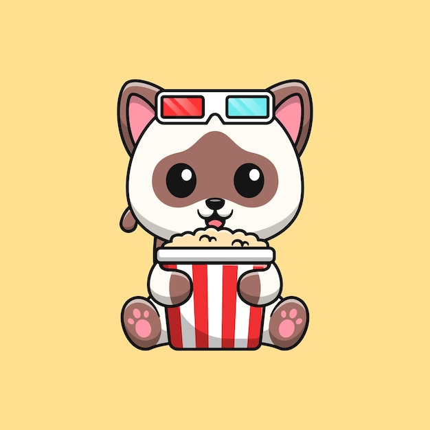 Siamese cat cartoon eating popcorn Flat cartoon style