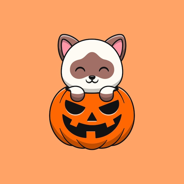 Siamese cat cartoon in halloween pumpkin Flat cartoon style