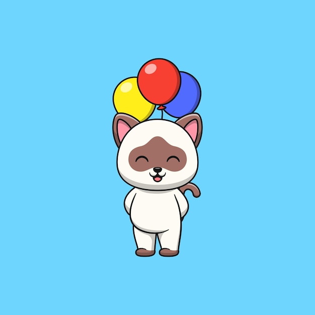 Siamese cat cartoon holding balloon Flat cartoon style