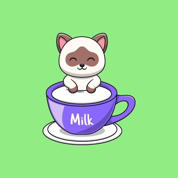 Siamese cat cartoon soaking in milk Flat cartoon style