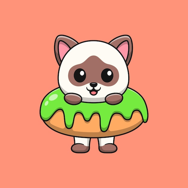 Siamese cat cartoon with donut Flat cartoon style