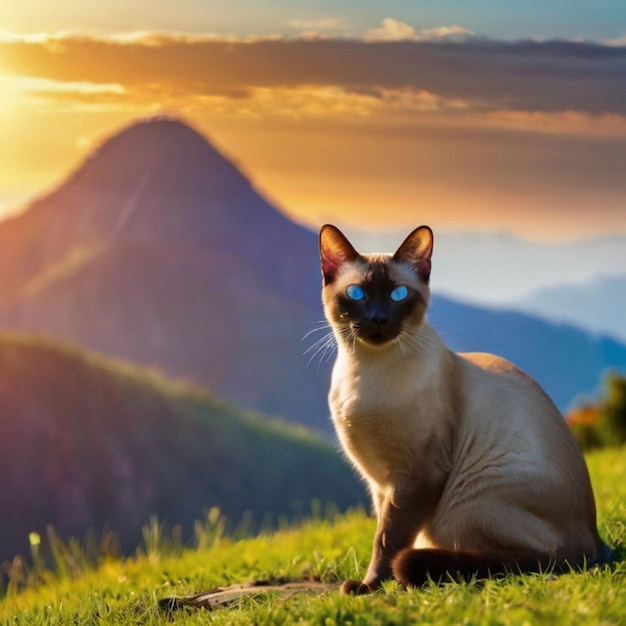 Vector a siamese cat sits on a hill with the sun setting behind him