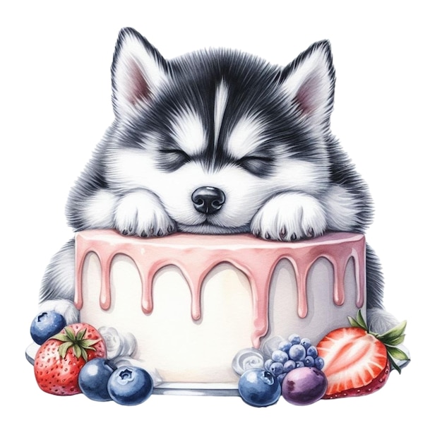 Siberian dog sleeping on cake clipart watercolor