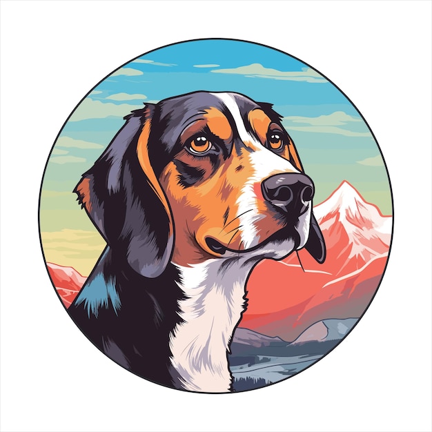 Siberian Tricolor Hound Dog Breed Watercolor Cartoon Kawaii Snow Mountains Pet Isolated Illustration