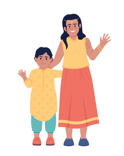 Siblings wearing clothes for indian festival semi flat color vector characters