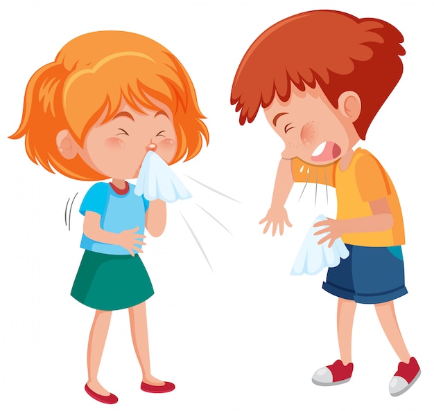 Sick boy and girl coughing on white background