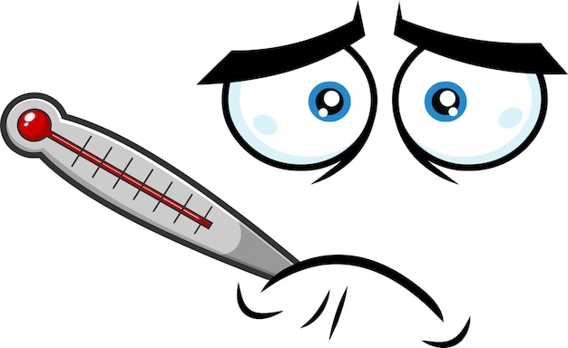 Sick Cartoon Funny Face With Tired Expression And Thermometer Vector Illustration