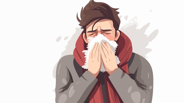 Vector sick caucasian man suffering from winter flu