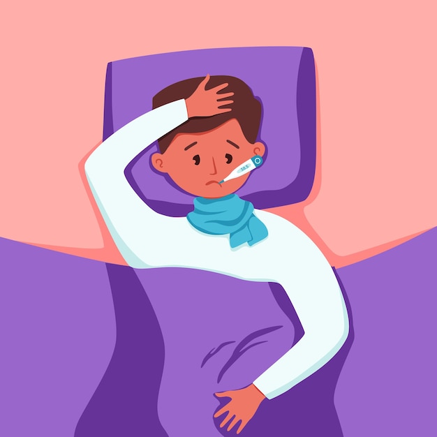 Sick child with fever with thermometer in mouth vector illustration. Unhappy little boy feel unwell with virus or cold illness, having headache, measures the body temperature laying in bed at home.