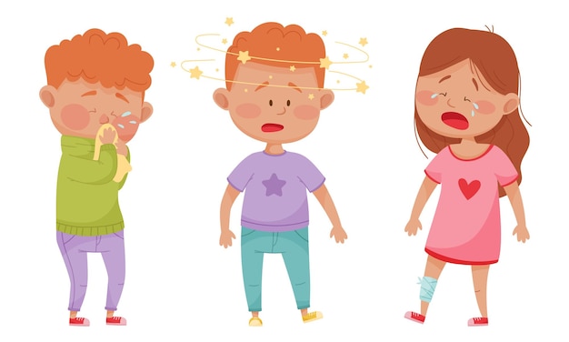 Sick Children Standing and Feeling Unwell Vector Illustrations Set