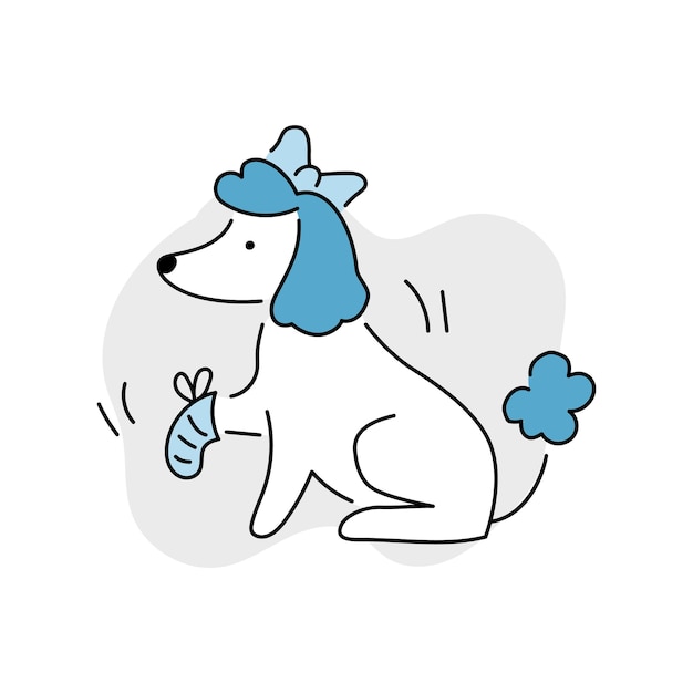 Sick dog line doodle icon for veterinary clinic. Dog, pet injured bandage vector illustration.