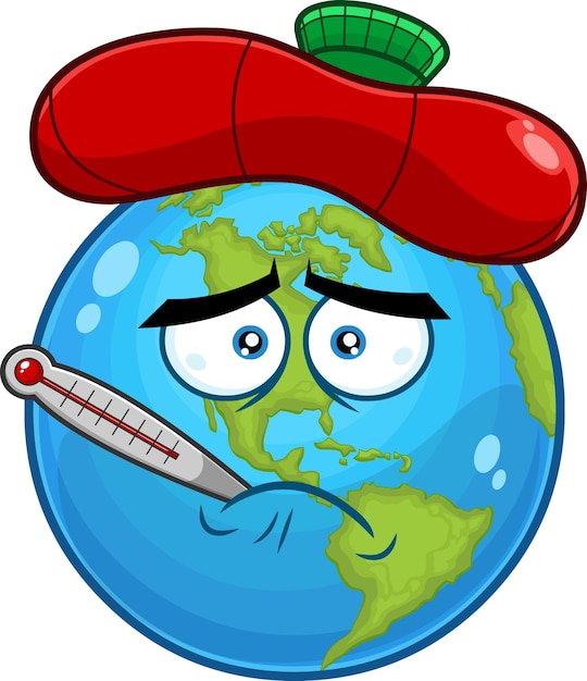 Sick Earth Globe Cartoon Character With Thermometer And Ice Bag Vector Hand Drawn Illustration