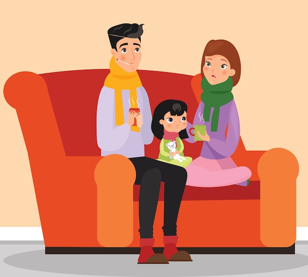 Sick family characters Mother father and daughter sitting on the sofa Ill people in cartoon flat style