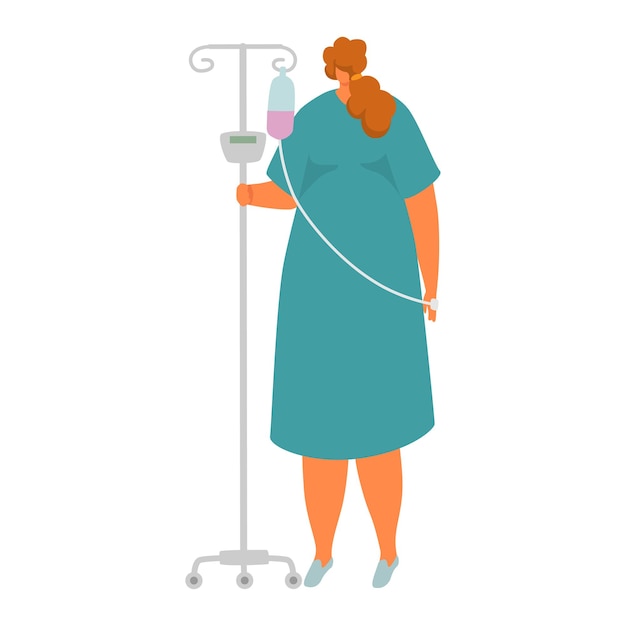 Vector sick female character standing in medical hospital woman hold dropper with therapeutic drug isolated