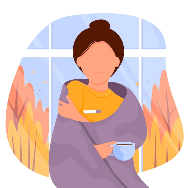 Sick girl with measures temperature by the window in a blanket Autumn vector illustration