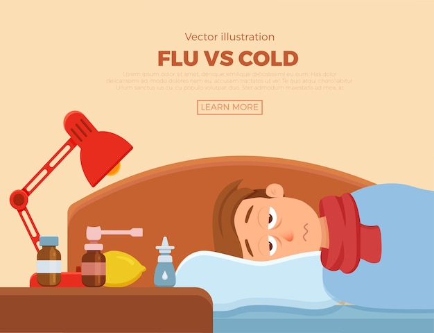 Sick guy in bed with the symptoms of  cold, flu. Cartoon  character on pillow with blanket and scarf, medicine, lemon, thermometer. Illustration of unhealthy men with a high fever, headache.