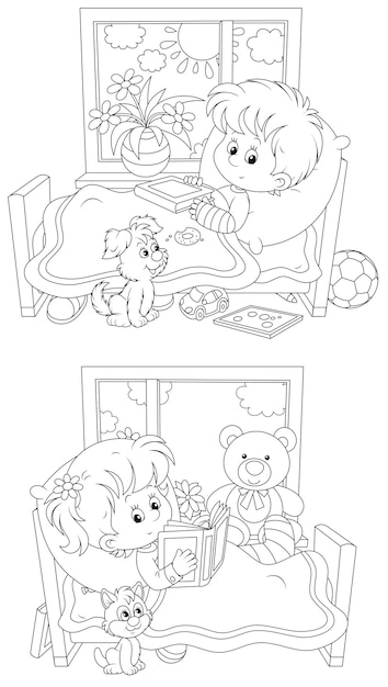 Sick little boy and girl with a fracture lying in their beds with funny toys