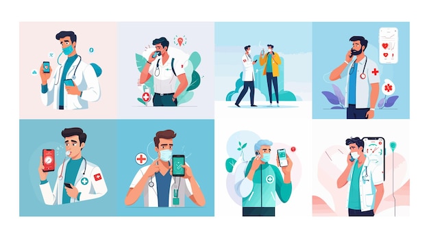 Sick man calling ambulance Guy with thermometer in mouth checking heartbeat rate with phone app flat vector illustration Fever flu illness concept for banner website design or landing web page