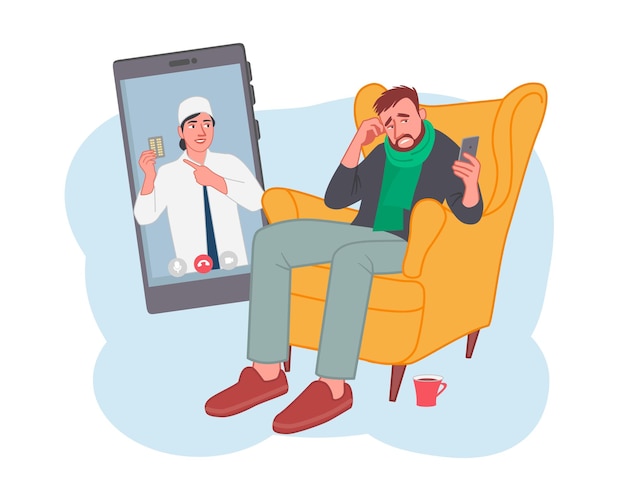 Sick man sitting on armchair and talking with doctor via smartphone Online medical consultations Contemporary digital healthcare services Internet treatment and checkup Vector