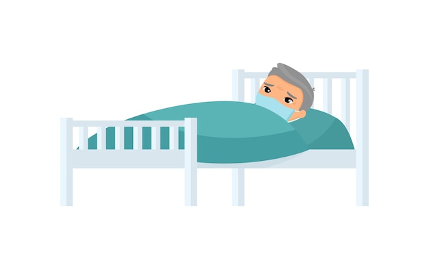 Sick old asian man with medical mask in hospital bed. Grandfather with virus disease cartoon character.