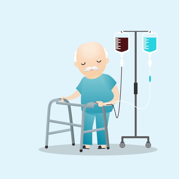 Sick old man standing with intravenous dropper line