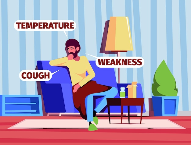 Sick person on sofa Recreation person from flu family healthcare medicament for prevention garish vector colored flat background