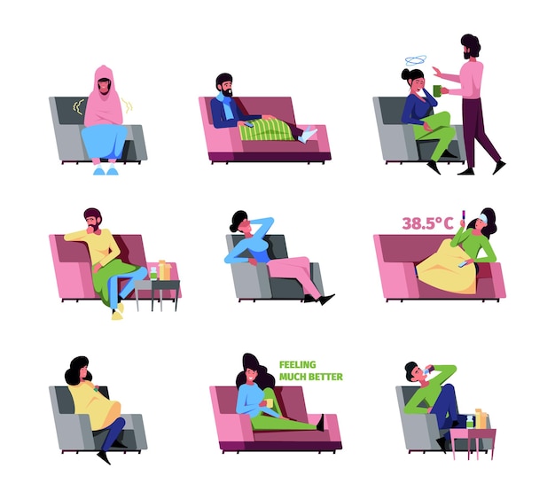 Sick persons Recreation processes of sickness people recovering characters of flu man on sofa garish vector colored concept pictures